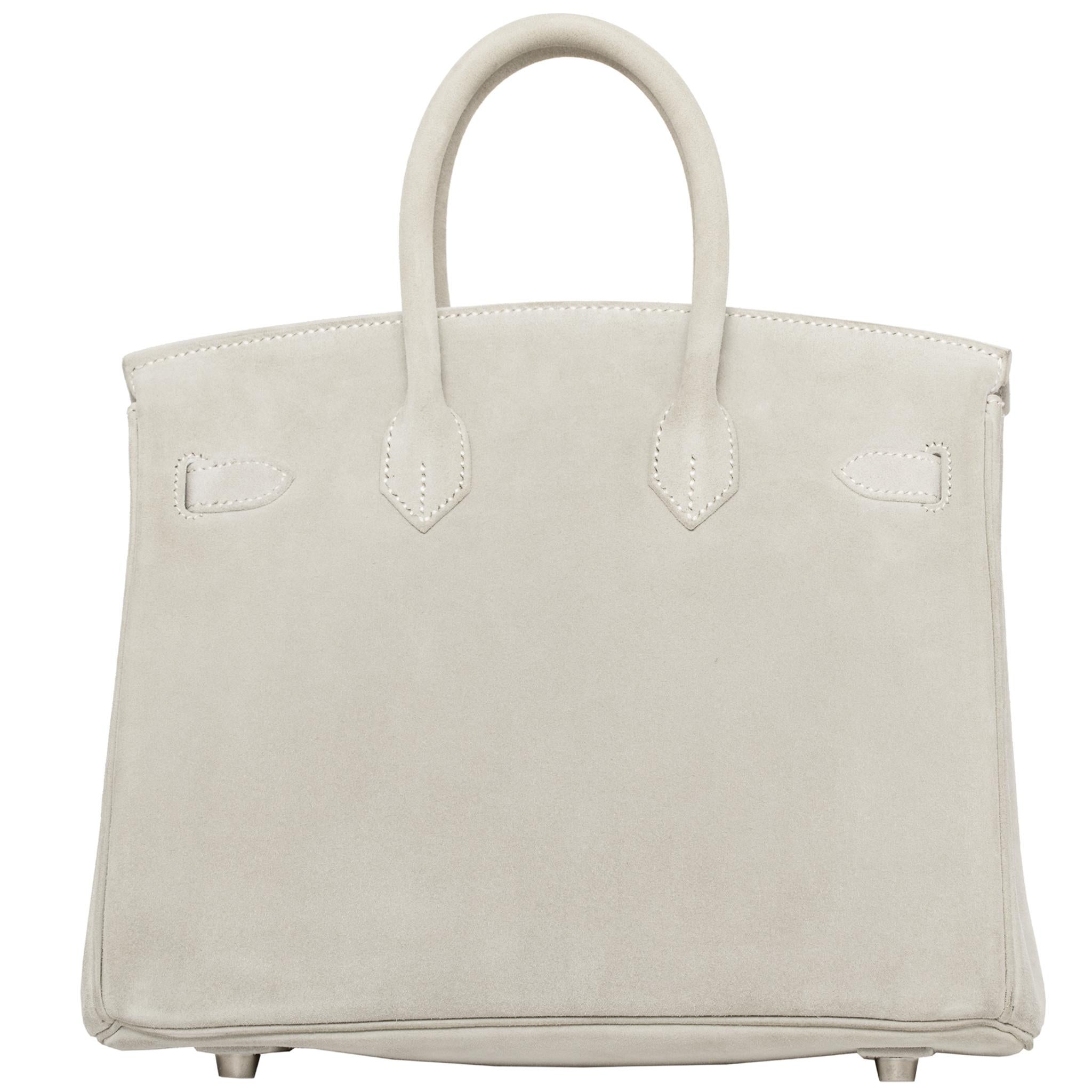 Women's or Men's Hermès Birkin 25cm Gris Perle Doblis Suede Leather Palladium Hardware For Sale