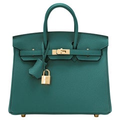 Hermes Birkin 25cm Malachite Jewel Tone Green Gold Hardware Bag Y Stamp, 2020