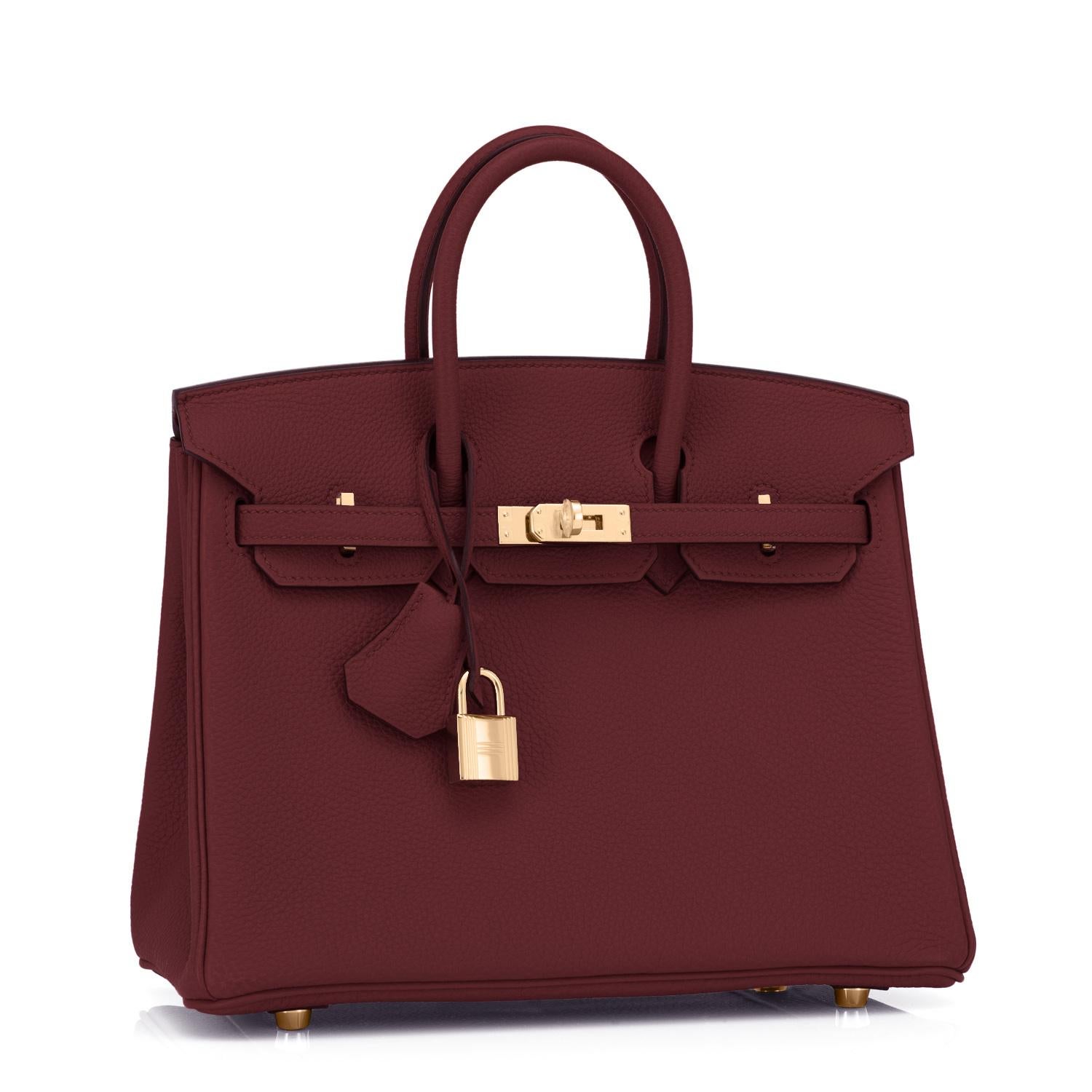 Hermes Birkin 25cm Rouge H Togo Gold Deep Bordeaux Red Birkin Bag Y Stamp, 2020
Just purchased from Hermes store; bag bears new 2020 interior Y Stamp.
Brand New in Box. Store Fresh. Pristine Condition (with plastic on hardware).
Perfect gift! Coming