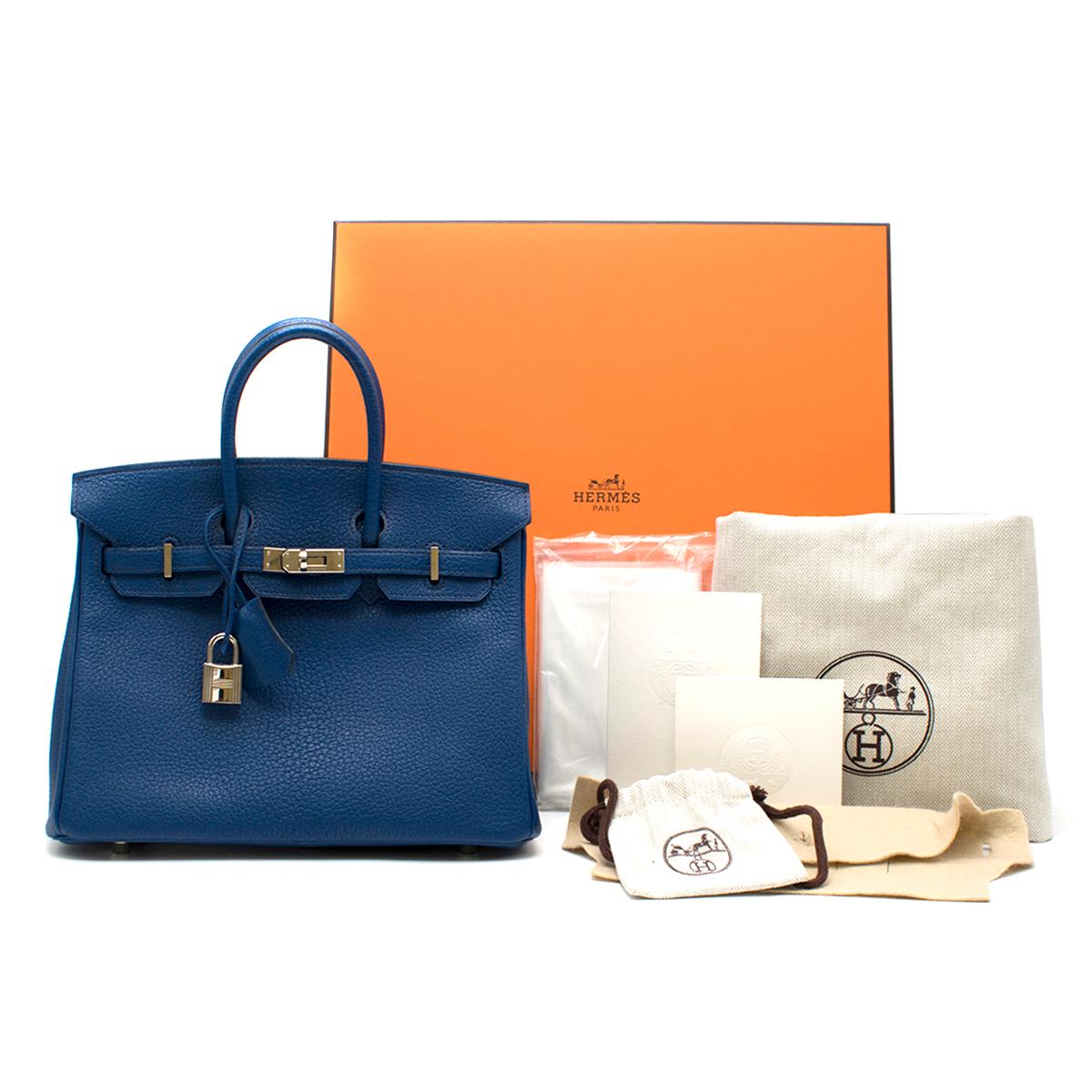 Hermes Thalassa Togo Leather 25cm Birkin Bag

- Serial Number: T
- Age (Circa): 2015
- Thalassa: Mediterranean Sea Blue, deeper than Blue Jean
- Togo leather 
- Two rolled leather top handles
- Black lacquered edges, signature palladium plated
