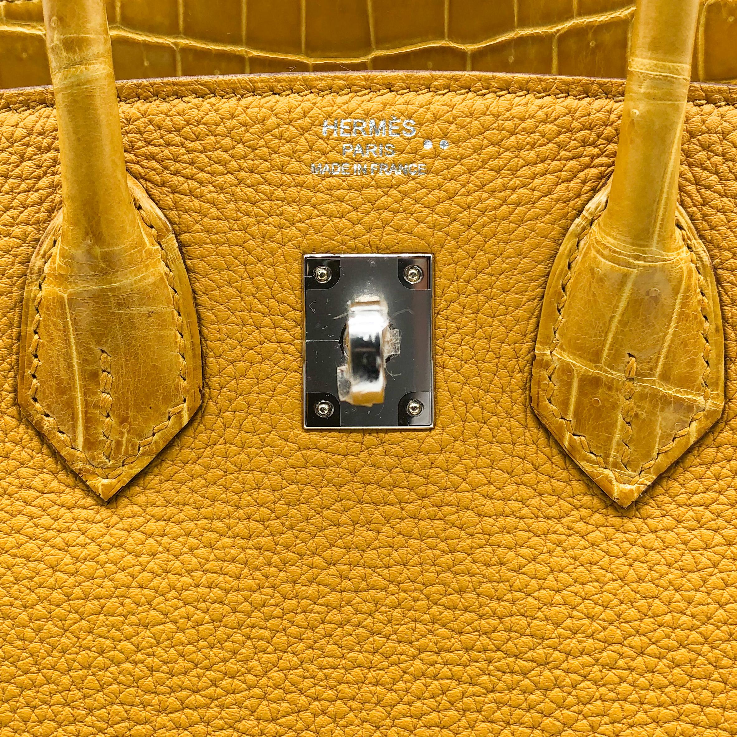 Brand: Hermès 
Style: Birkin Sellier
Size: 25cm
Color: Jaune Ambre
Leather: Shiny Niloticus Crocodile and Veau Togo
Hardware: Palladium

Condition: Pristine, never carried: The item has never been carried and is in pristine condition complete with