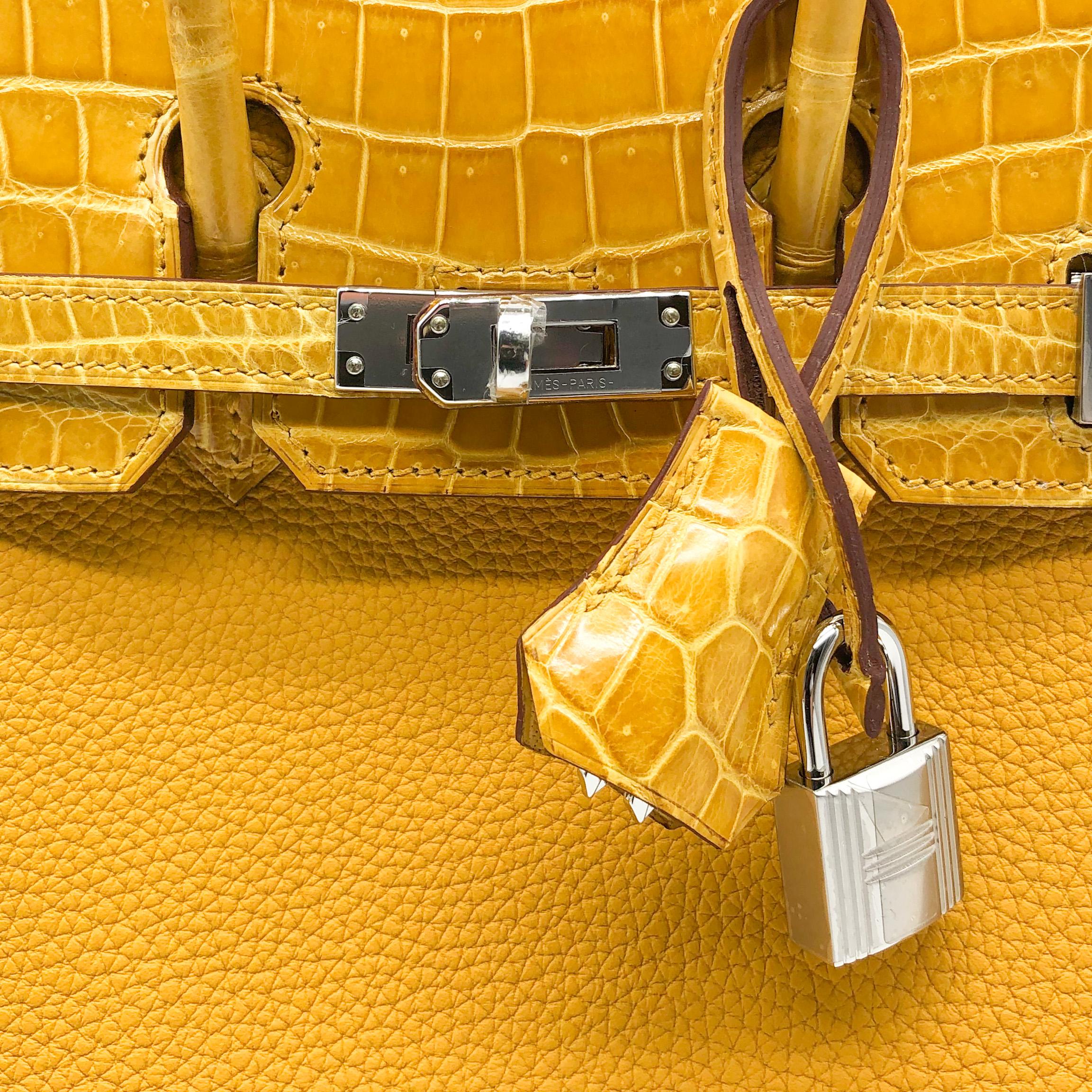 Hermès Birkin 25cm Touch Jaune Amber Togo Leather & Shiny Niloticus Crocodile In New Condition In Sydney, New South Wales