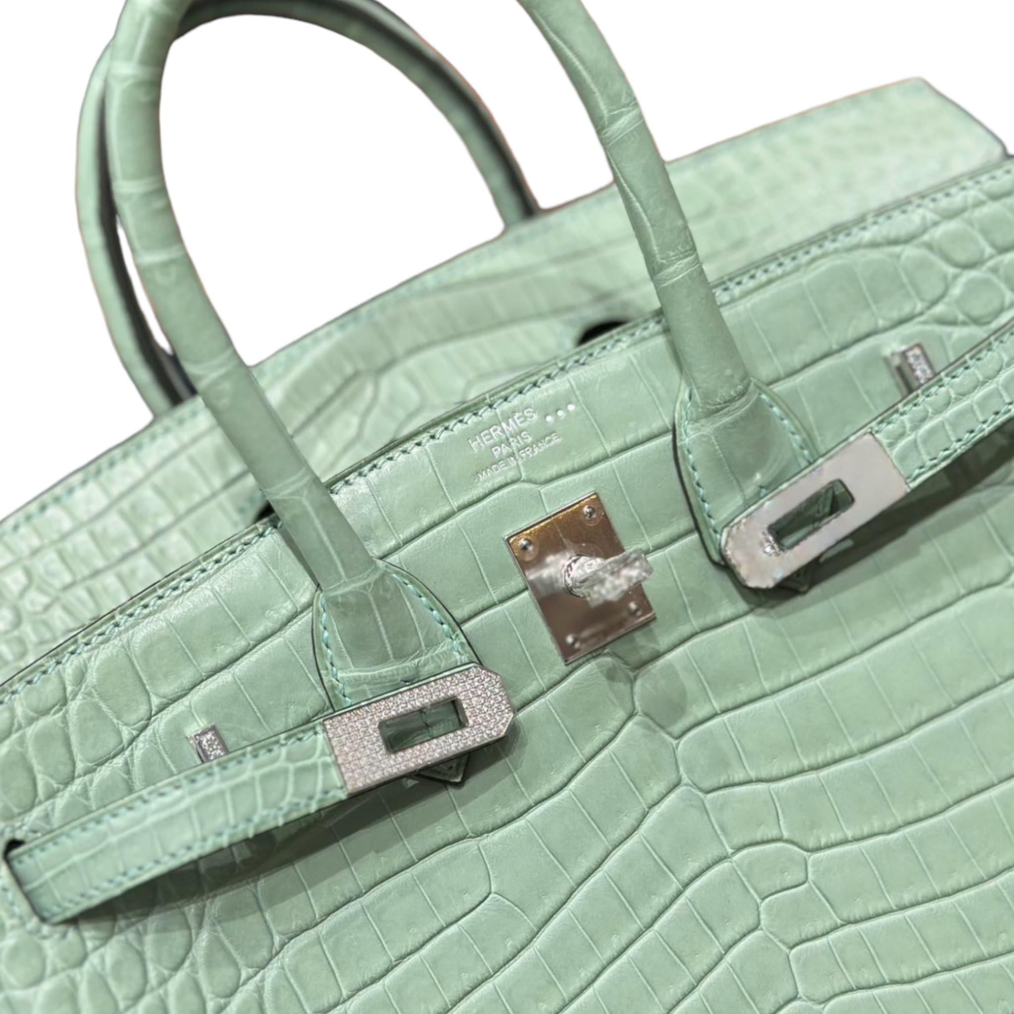 Hermes Birkin 25cm Vert D Eau Moreletti Matte White Gold Diamond Hardware In New Condition For Sale In Sydney, New South Wales