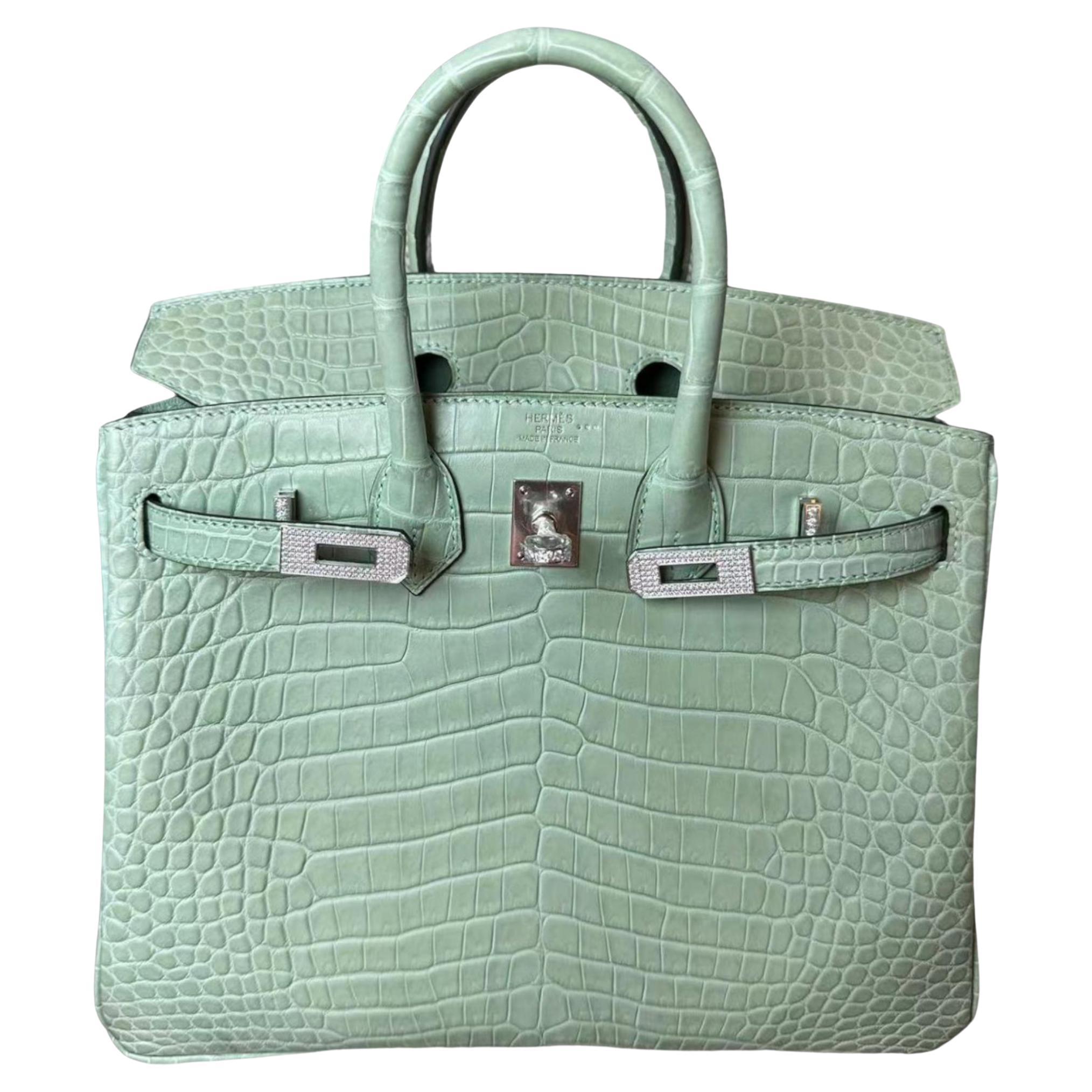 Hermes Birkin 25cm Vert D Eau Moreletti Matte White Gold Diamond Hardware For Sale