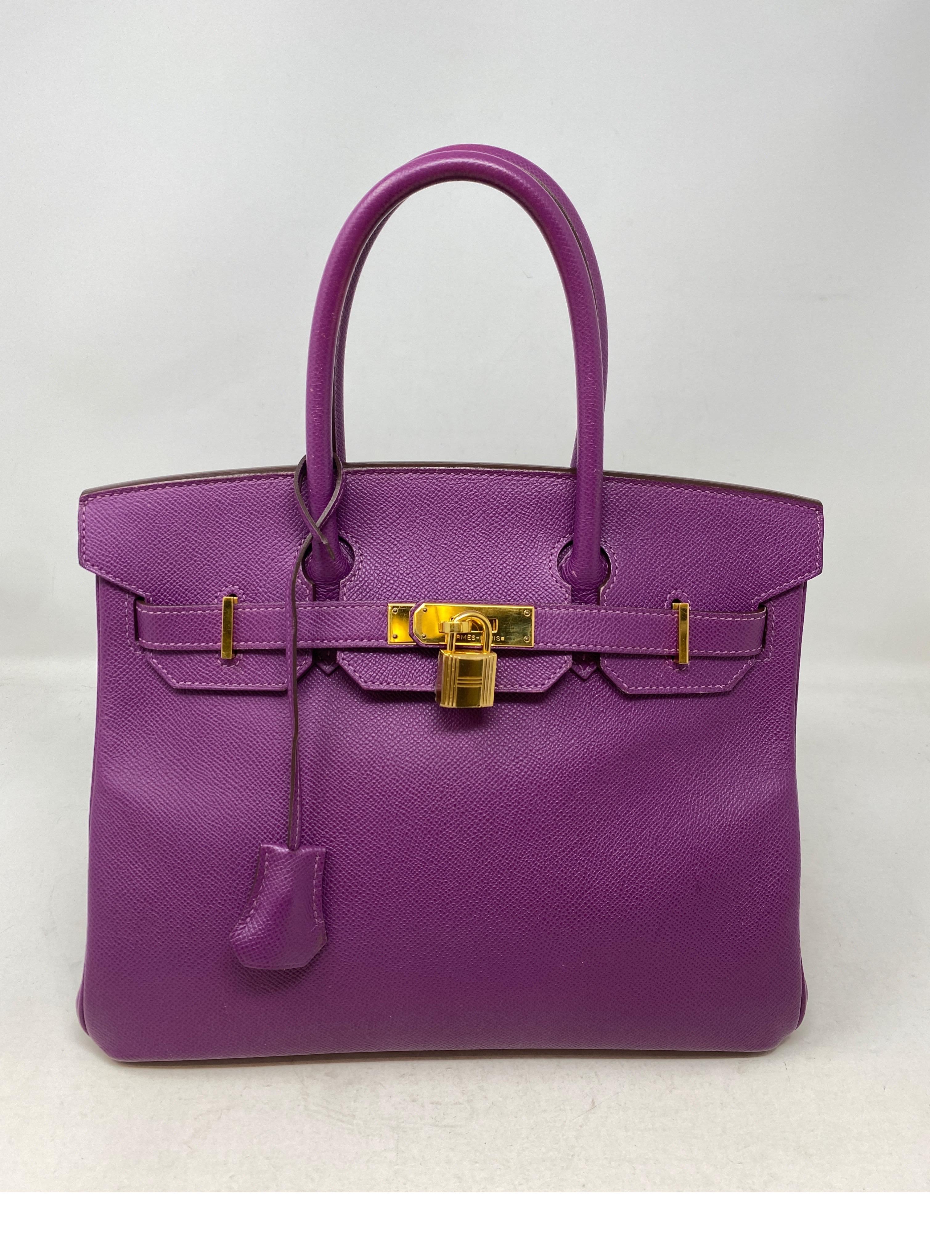 Hermes Birkin Anemone 30 Bag. Rare purple violet color bag. Epsom leather. Gold hardware. Rare and most wanted size 30. Good condition. One corner light wear. Overall very good condition. R square stamp. From 2104. Includes clochette, lock, keys,