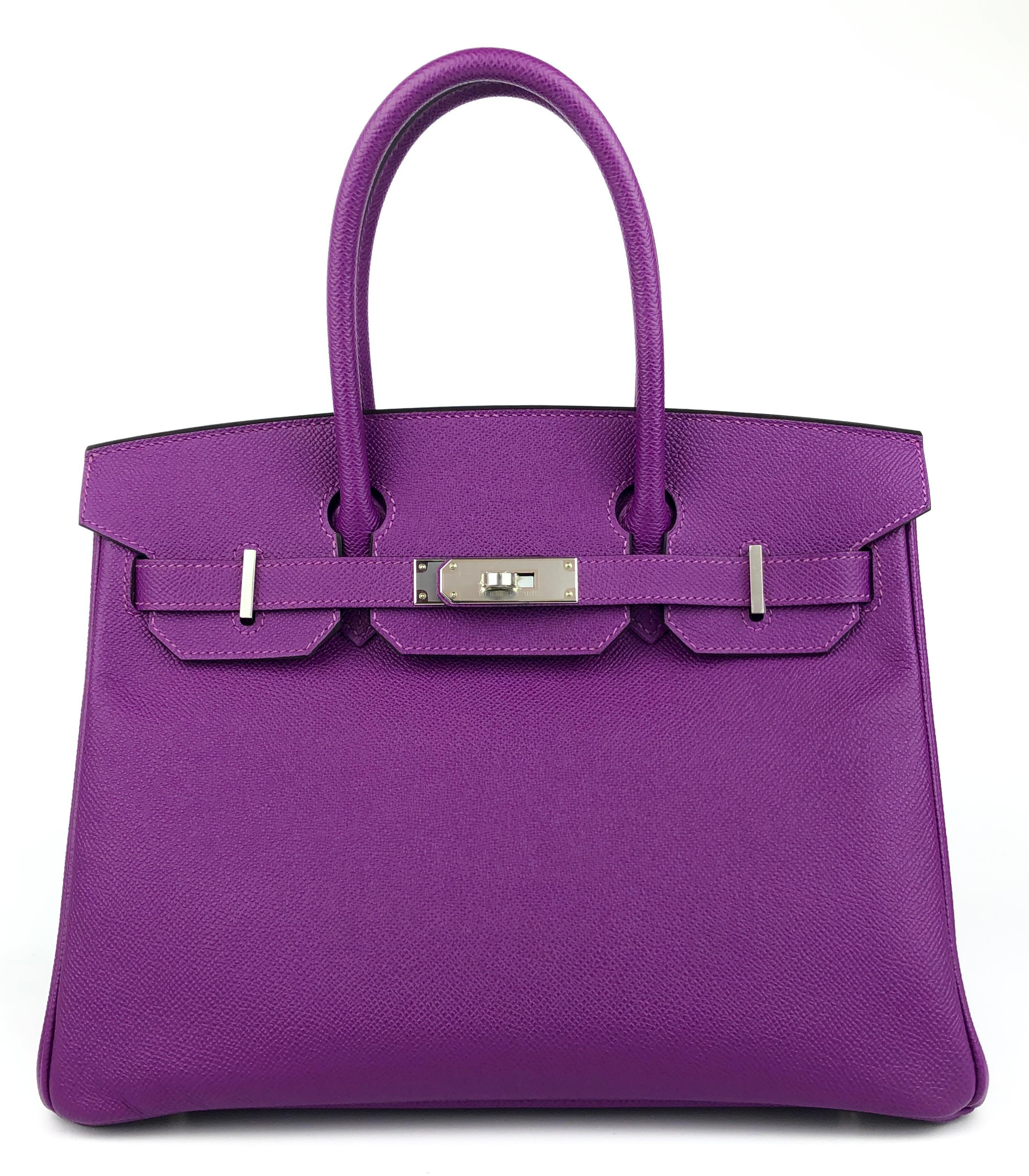 Rare Like NEW 2020 Hermes Birkin 30 Anemone Purple Epsom Leather Palladium Hardware . Y Stamp 2020. Like New.

Please Note, the bag has minor indentations on the bottom inside of the bag due to the lock accidentally being loose inside the bag during