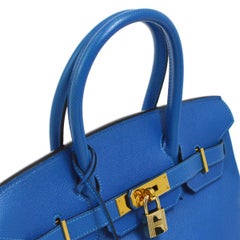 Hermes Birkin 30 Aqua Blue Leather Gold Top Handle Satchel Tote Bag