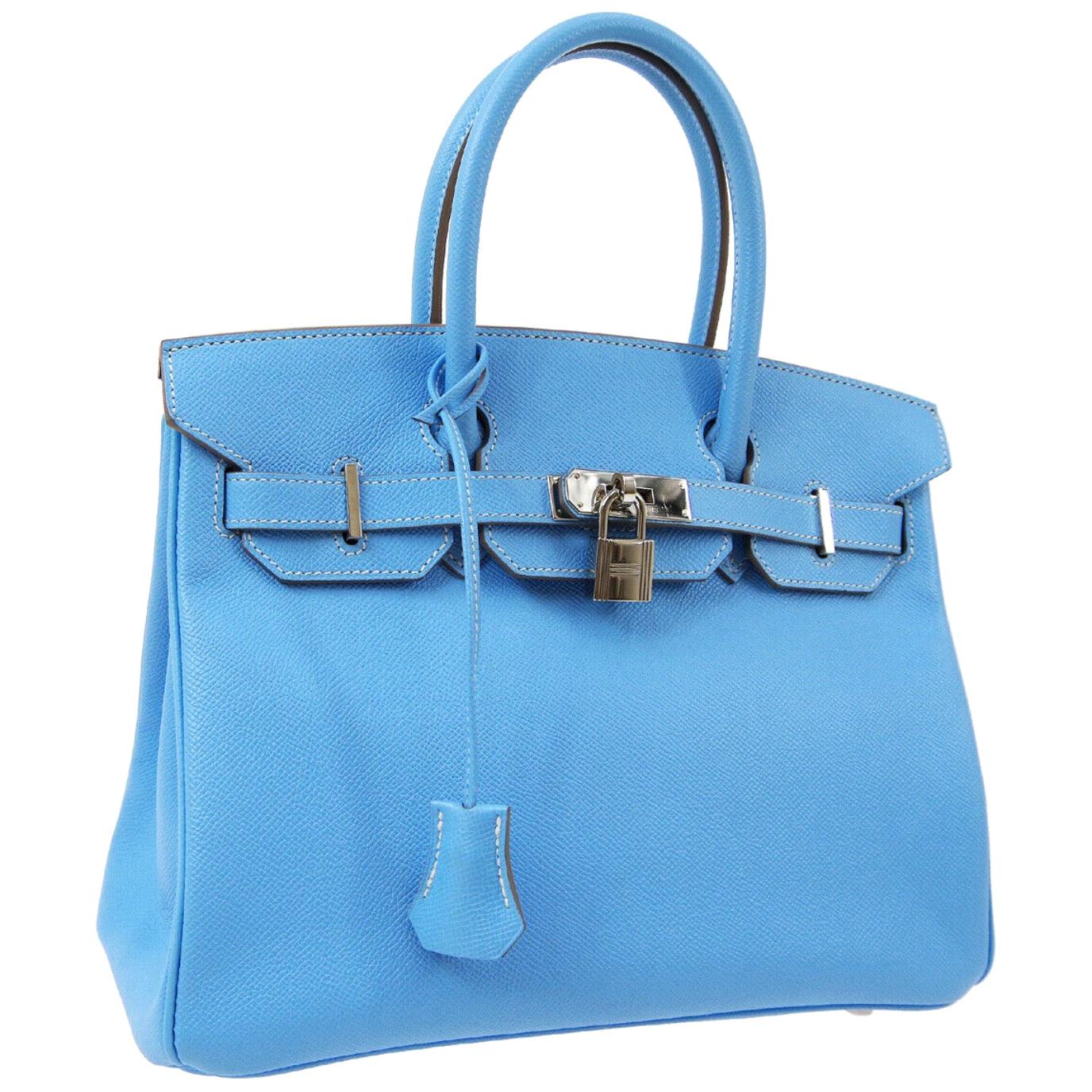 Hermes Birkin 30 Baby Blue Leather Silver Exotic Top Handle Satchel Tote Bag