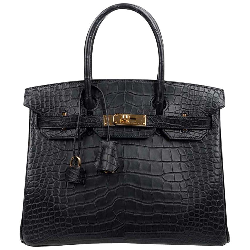 Hermes Birkin 30 Bag Black Matte Alligator Gold Hardware