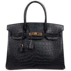 Hermes Birkin 30 Bag Black Matte Alligator Gold Hardware