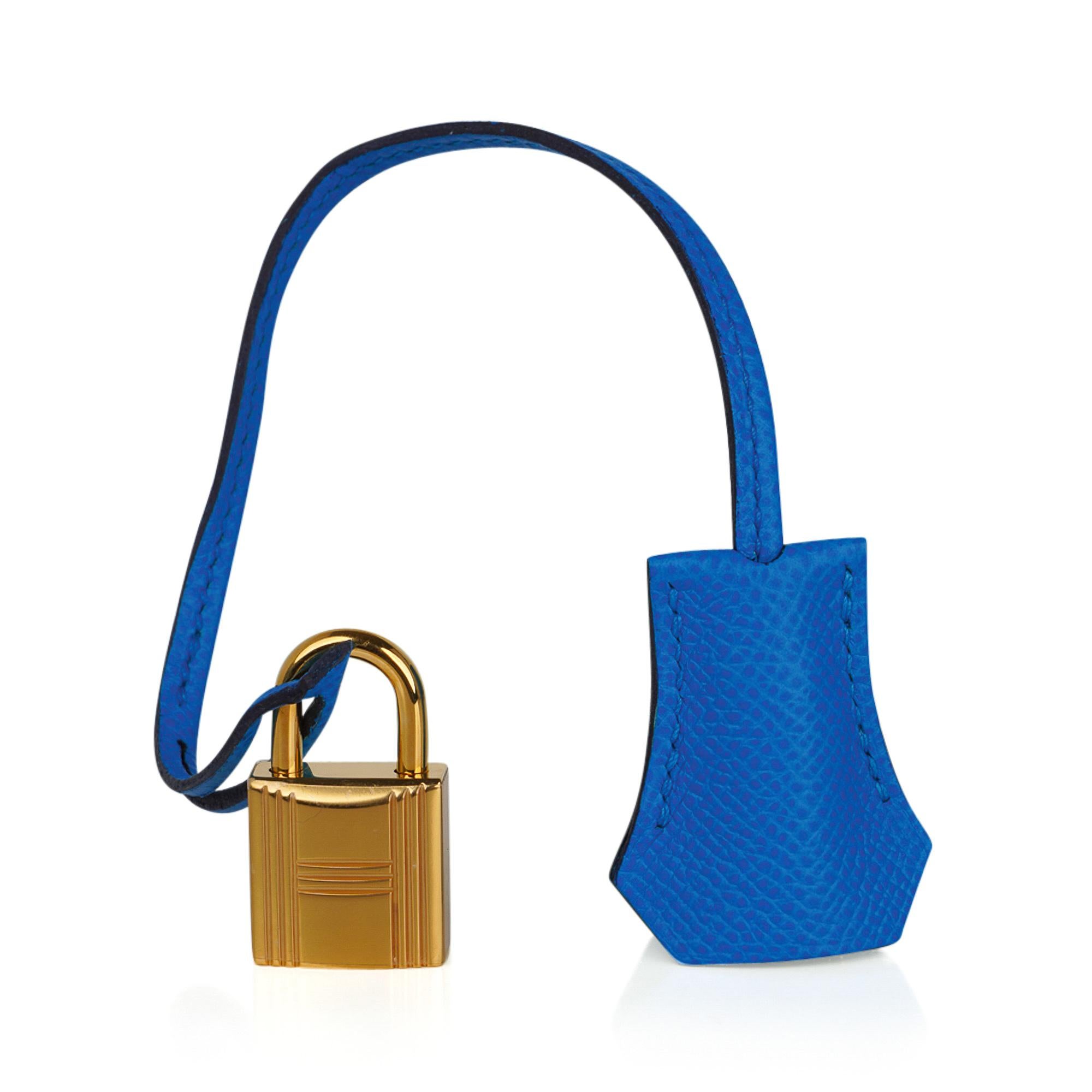 Mightychic offers a guaranteed authentic Hermes Birkin 30 bag featured in  vivid Blue Frida.
This stunning richly saturated Hermes Birkin bag is exquisite in Epsom leather.
Accentuated with lush gold hardware.
Comes with the lock and keys in the