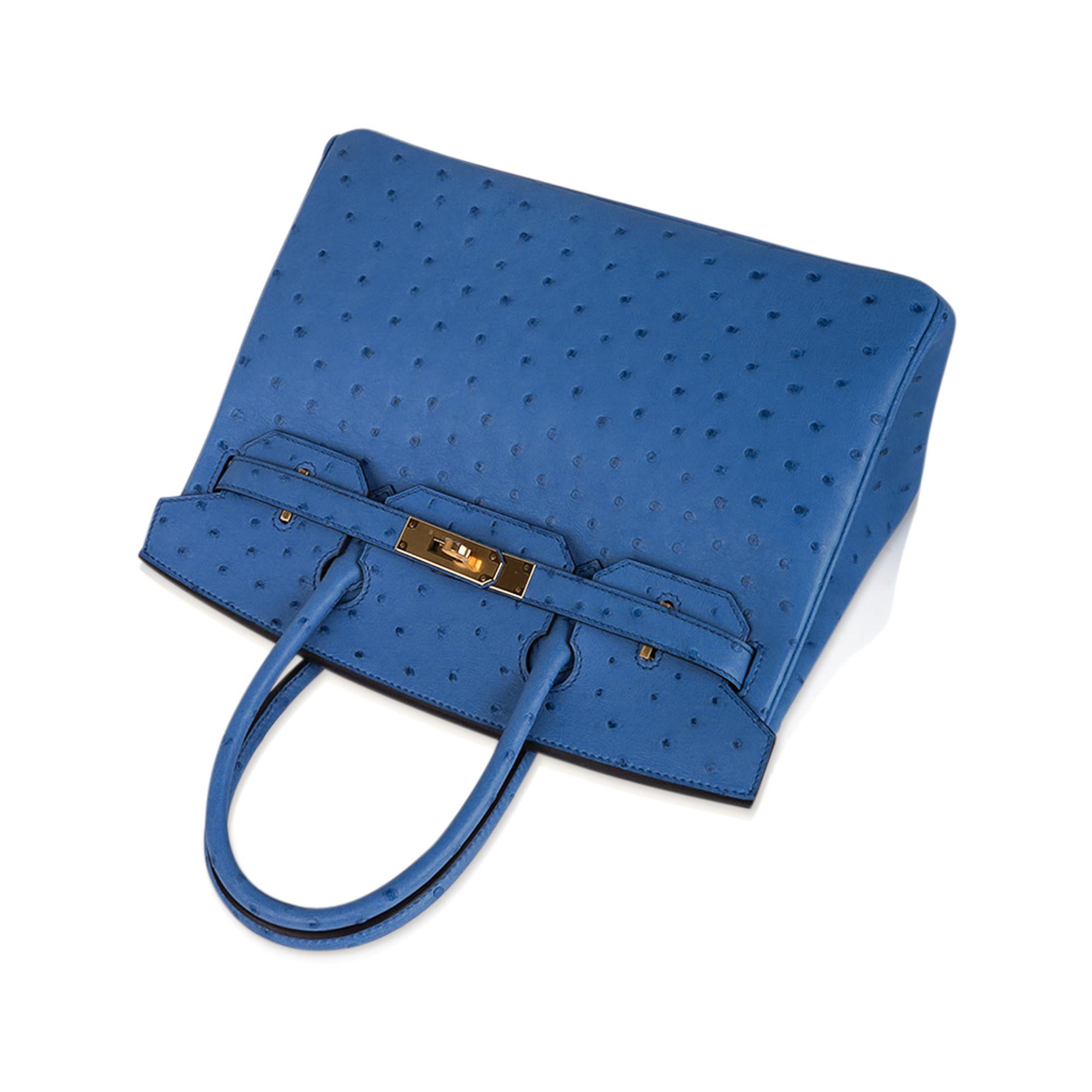 Blue Hermes Birkin 30 Bleu Mykonos Ostrich Bag Gold Hardware For Sale