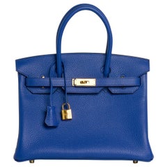 Hermes Birkin 30 Bag Blue Electric Clemence Gold Hardware