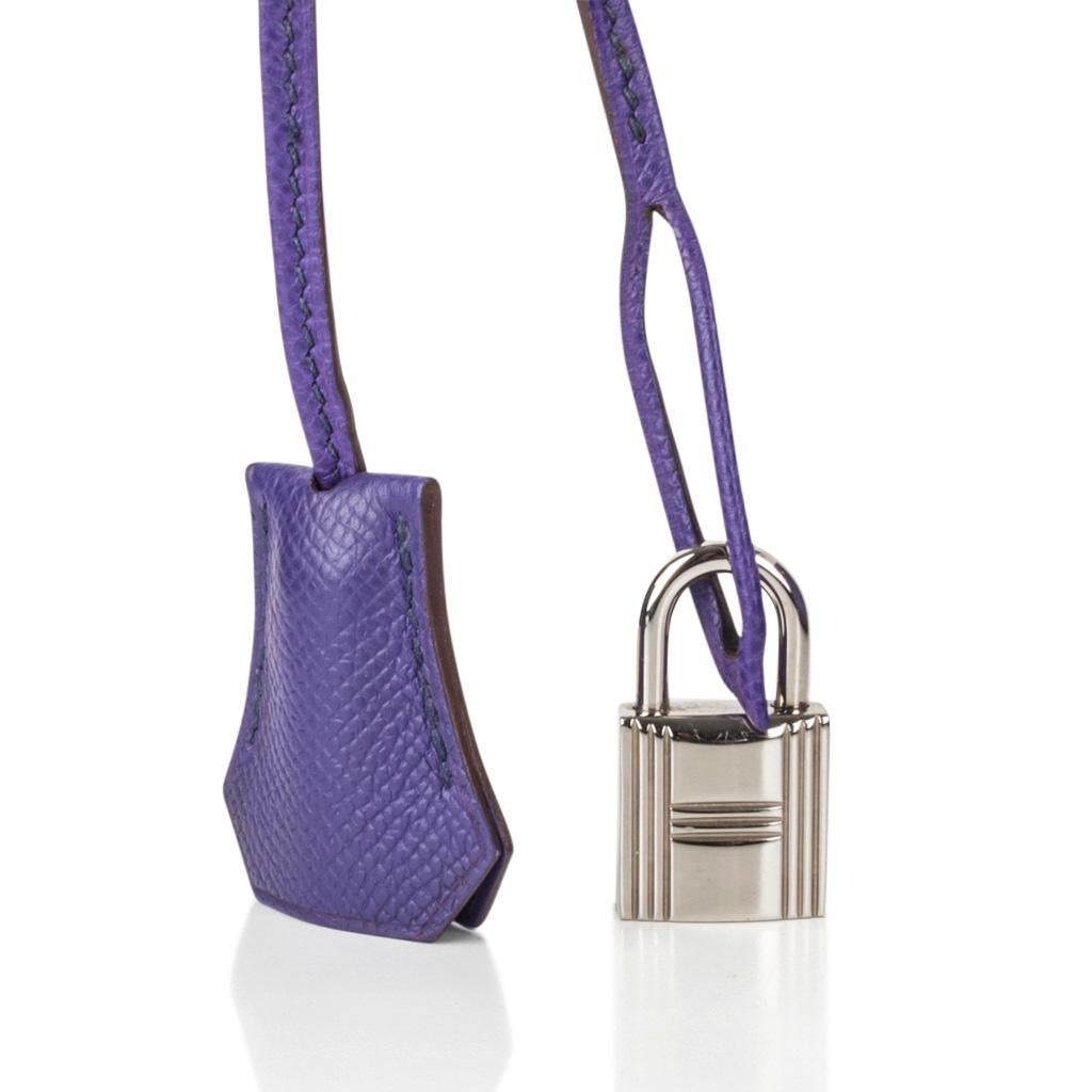 Guaranteed authentic Hermes Birkin 30 bag features coveted Crocus.
This beautiful purple has a fabulous depth of color.
Palladium hardware and Epsom leather.  
Minor wear on body. 
Wear on corners and feet.
Light wear on hardware.
Some marks