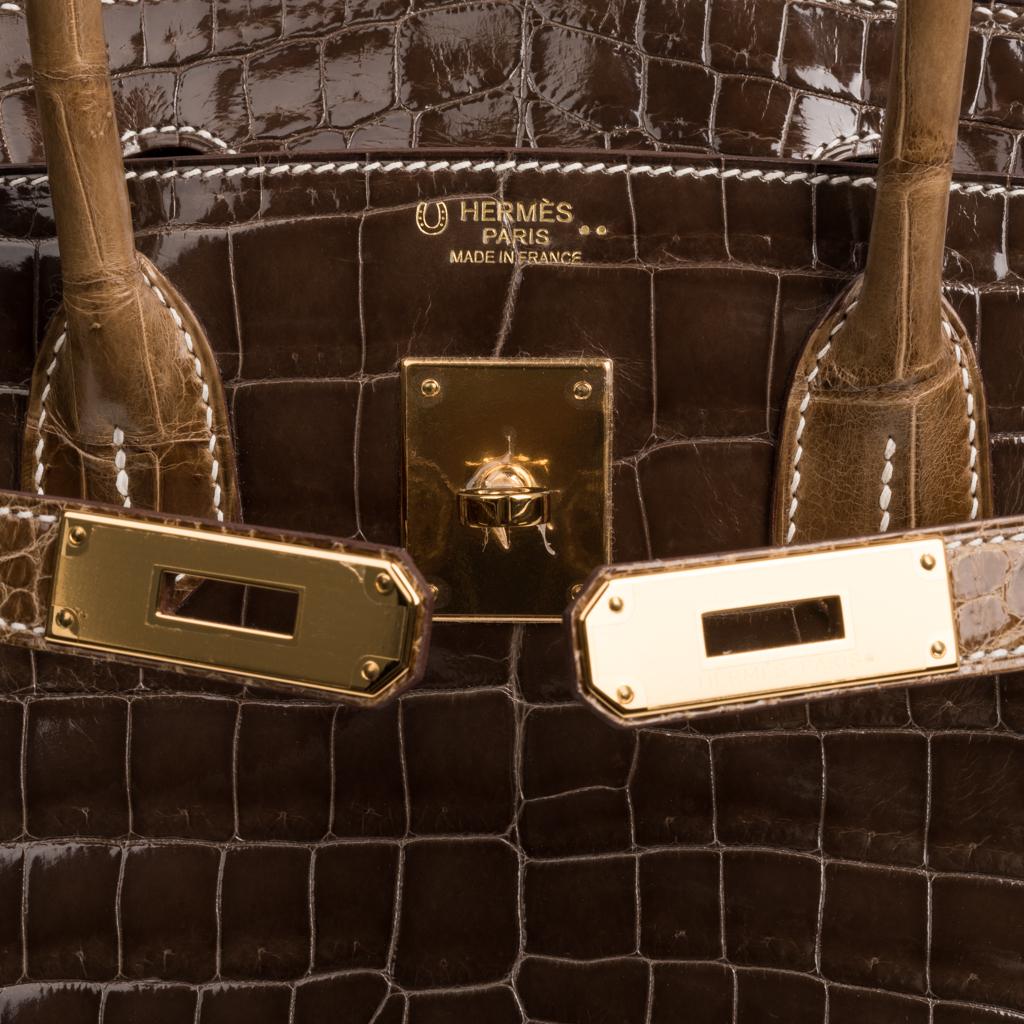 Hermes Birkin HSS 30 Crocodile Gris Elephant with Ficelle Bag Gold Hardware For Sale 2