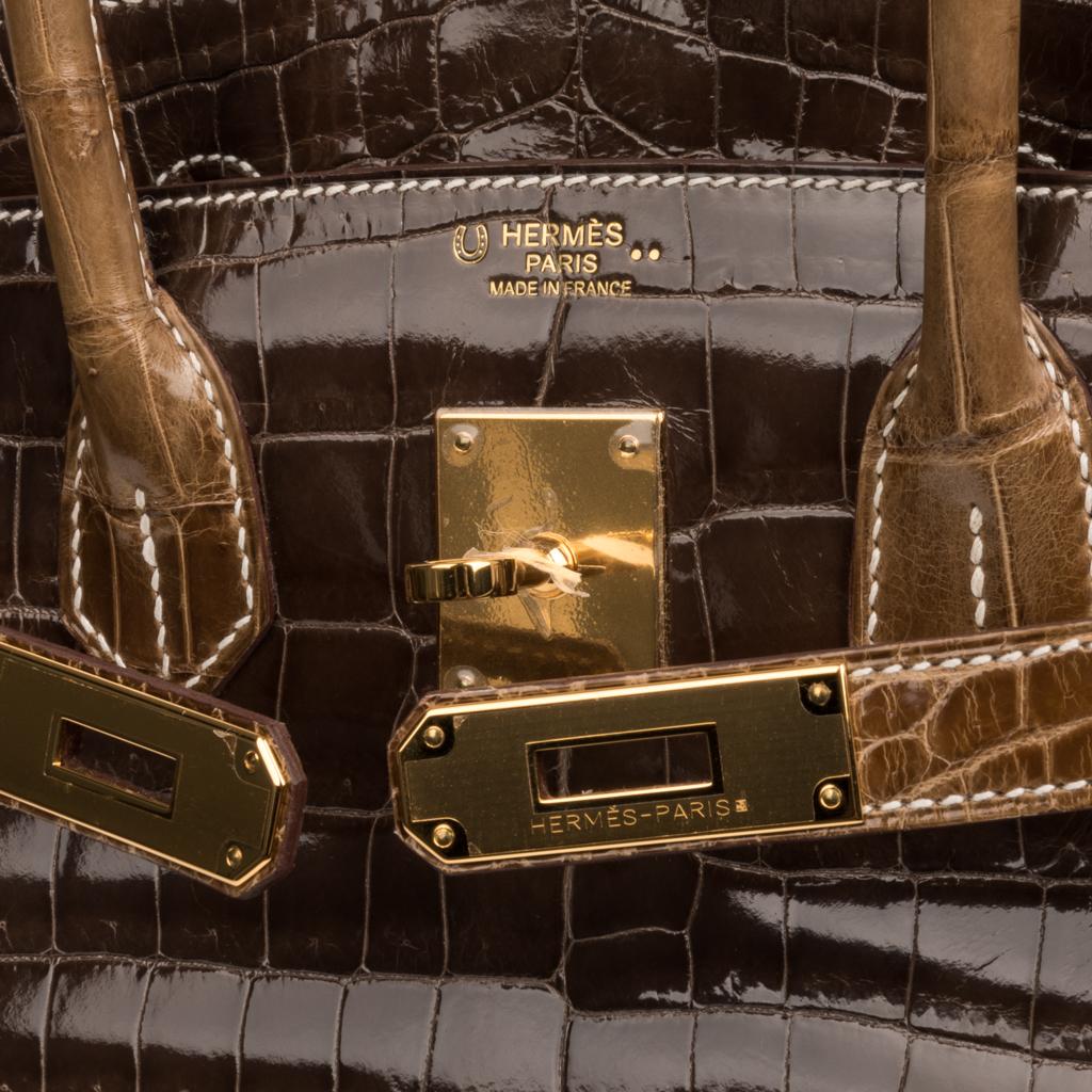 Black Hermes Birkin HSS 30 Crocodile Gris Elephant / Ficelle Bag Gold Hardware For Sale