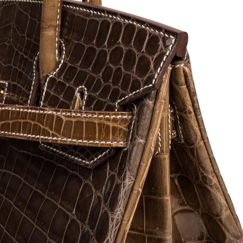 Noir Sac Hermès Birkin HSS 30 en crocodile gris éléphant/ficelle finitions métalliques dorées en vente