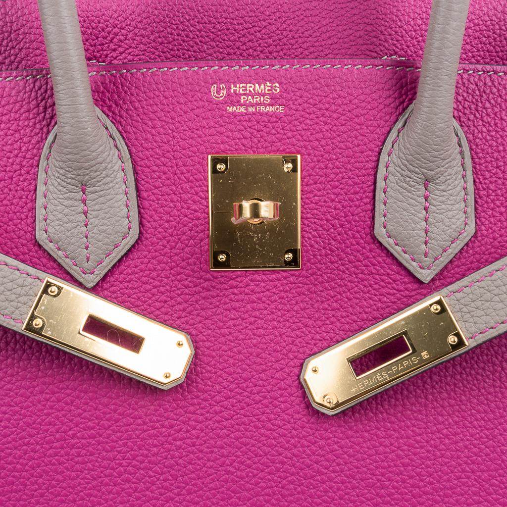 Sac Hermes Birkin 30 HSS Rose Pourpre Gris Asphalte Togo Fourrure Or en vente 2