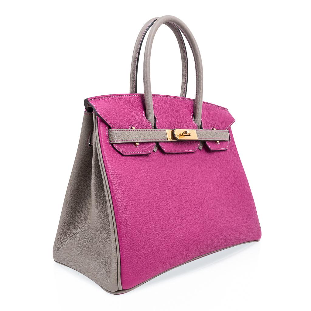 Mightychic offers an Hermes Birkin 30 HSS bag in pink Rose Pourpre and gray Gris Asphalte.
Vivid pop all grown up pink with purple undertone to carry you all year round!
This special order Hermes Birkin bag is featured in Togo leather with gold