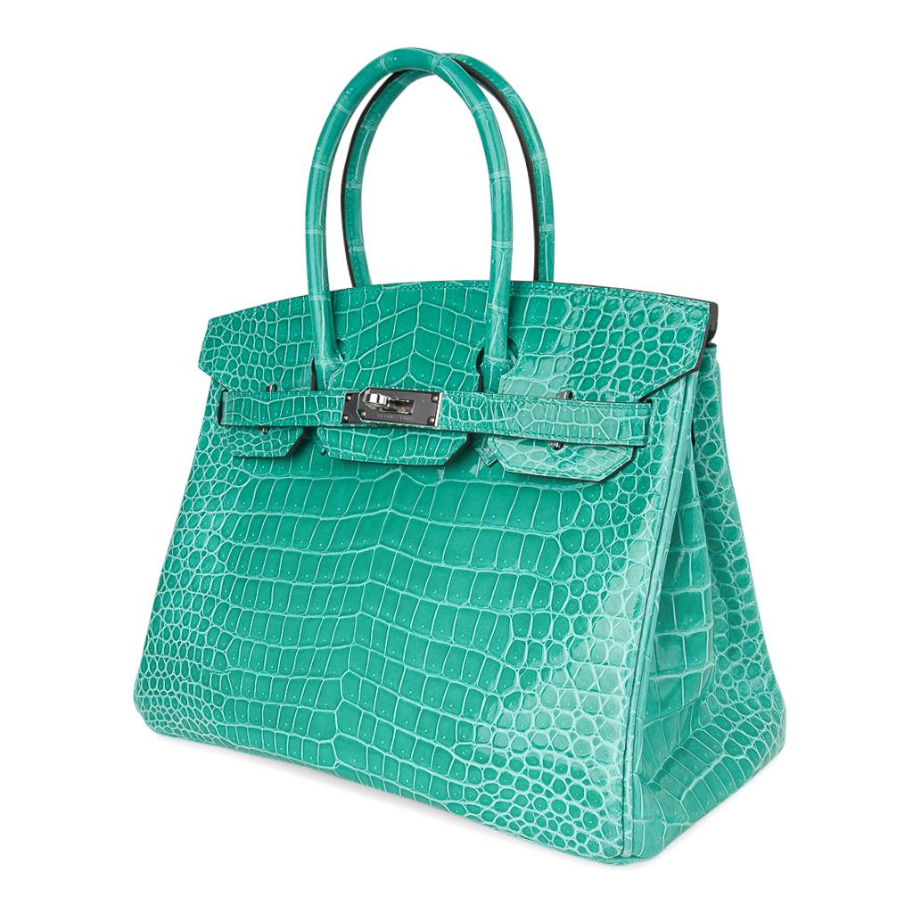 Birkin 30 Tasche aus Jade mit Porosus-Krokodil und Palladiumbeschlägen von Hermes im Zustand „Neu“ im Angebot in Miami, FL