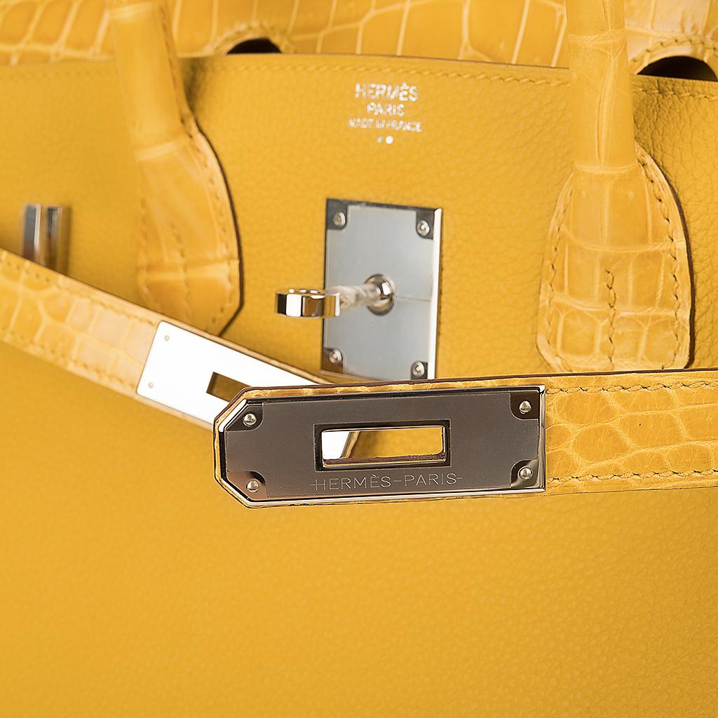 Orange Sac Hermès Birkin 30 jaune ambré à touches de crocodile/togo finitions métalliques en palladium