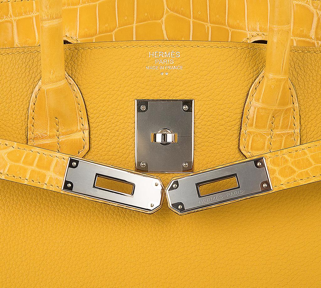  Sac Hermès Birkin 30 jaune ambré à touches de crocodile/togo finitions métalliques en palladium Pour femmes 