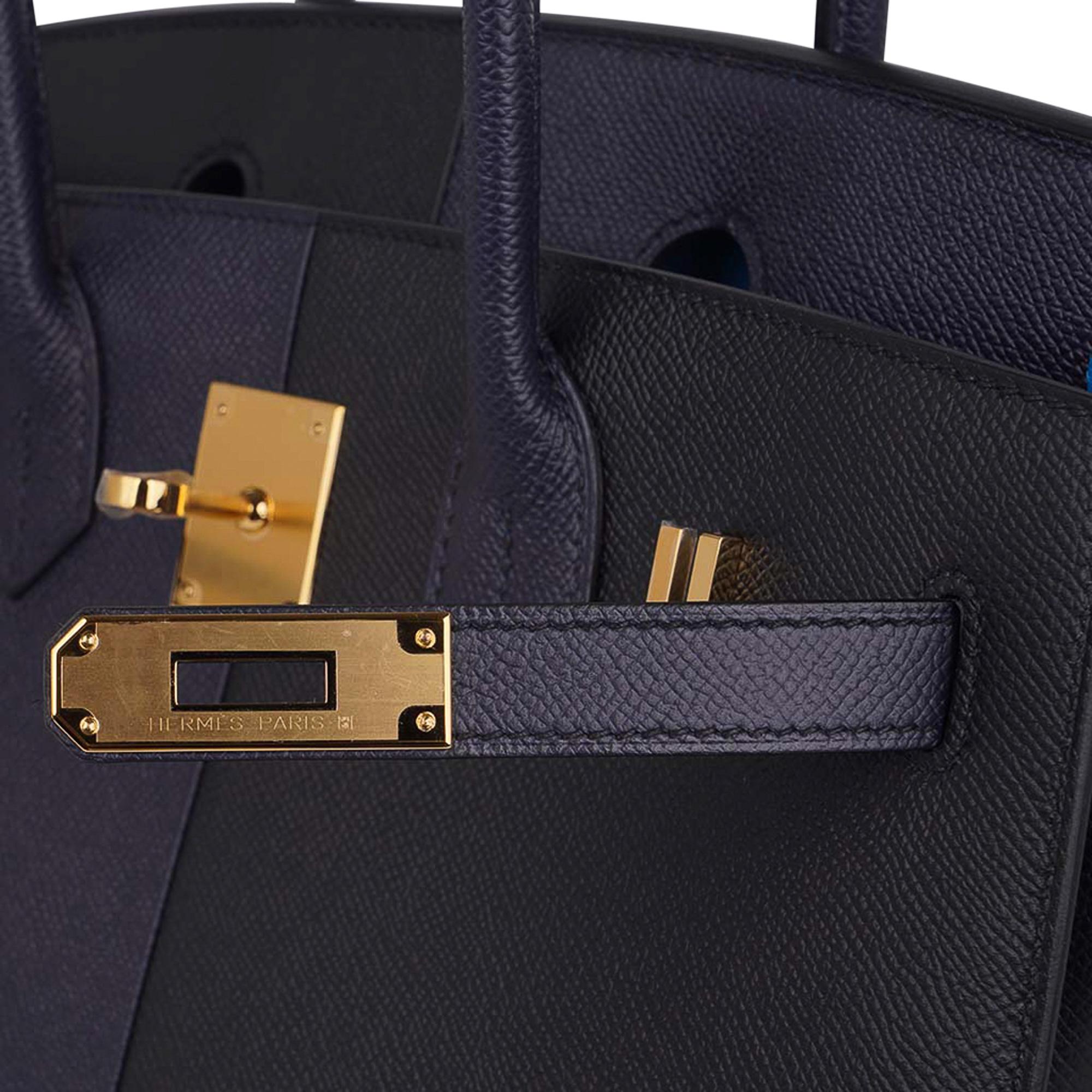 Black Hermes Birkin Sellier 30 Casaque Noir / Bleu Indigo / Bleu Frida Bag Epsom Gold  For Sale