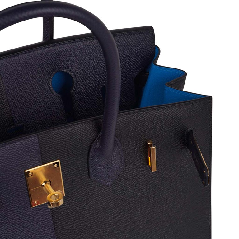 Hermes Birkin Sellier 30 Casaque Noir / Bleu Indigo / Bleu Frida Bag Epsom  Gold For Sale at 1stDibs