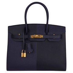 Hermes Birkin 30 Bag Casaque Noir / Bleu Indigo / Bleu Frida Epsom Gold Hardware