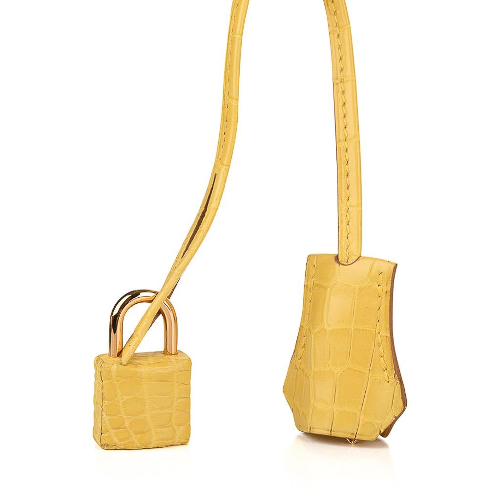 Mightychic offers a guaranteed authentic limited edition Hermes Birkin 30 Matte Alligator bag featured in Mimosa - a clear sunny yellow.
Lush with Gold Hardware.
Comes with the lock and keys in the clochette, sleepers, raincoat and signature Hermes