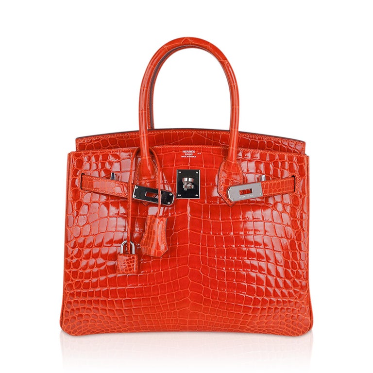 Hermes Birkin 30 Orange Crocodile Bag Palladium Hardware  In Excellent Condition For Sale In Miami, FL
