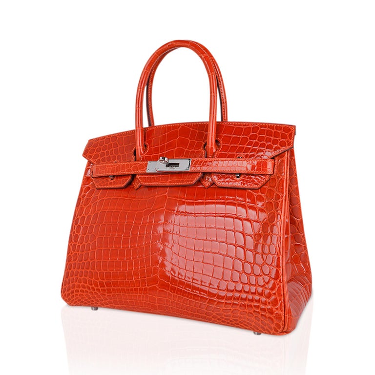 Women's Hermes Birkin 30 Orange Crocodile Bag Palladium Hardware  For Sale