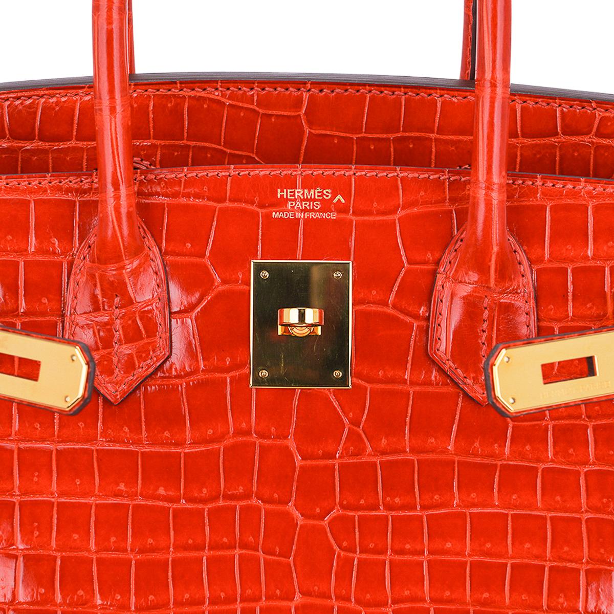 Hermes Birkin 30 Bag Orange Poppy Porosus Crocodile Gold Hardware In Good Condition For Sale In Miami, FL