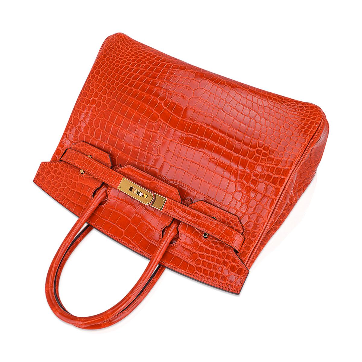 Women's Hermes Birkin 30 Bag Orange Poppy Porosus Crocodile Gold Hardware For Sale