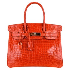 Hermes Birkin 30 Bag Orange Poppy Porosus Crocodile Gold Hardware