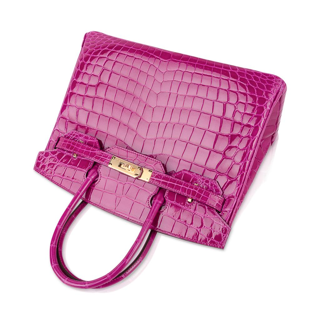 Purple Hermes Birkin 30 Bag Rose Scheherazade Pink Crocodile Gold Hardware