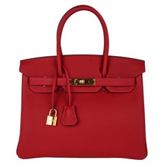 Hermes Birkin 30 Bag Rouge Vif Togo Gold Hardware Perfect Lipstick Red