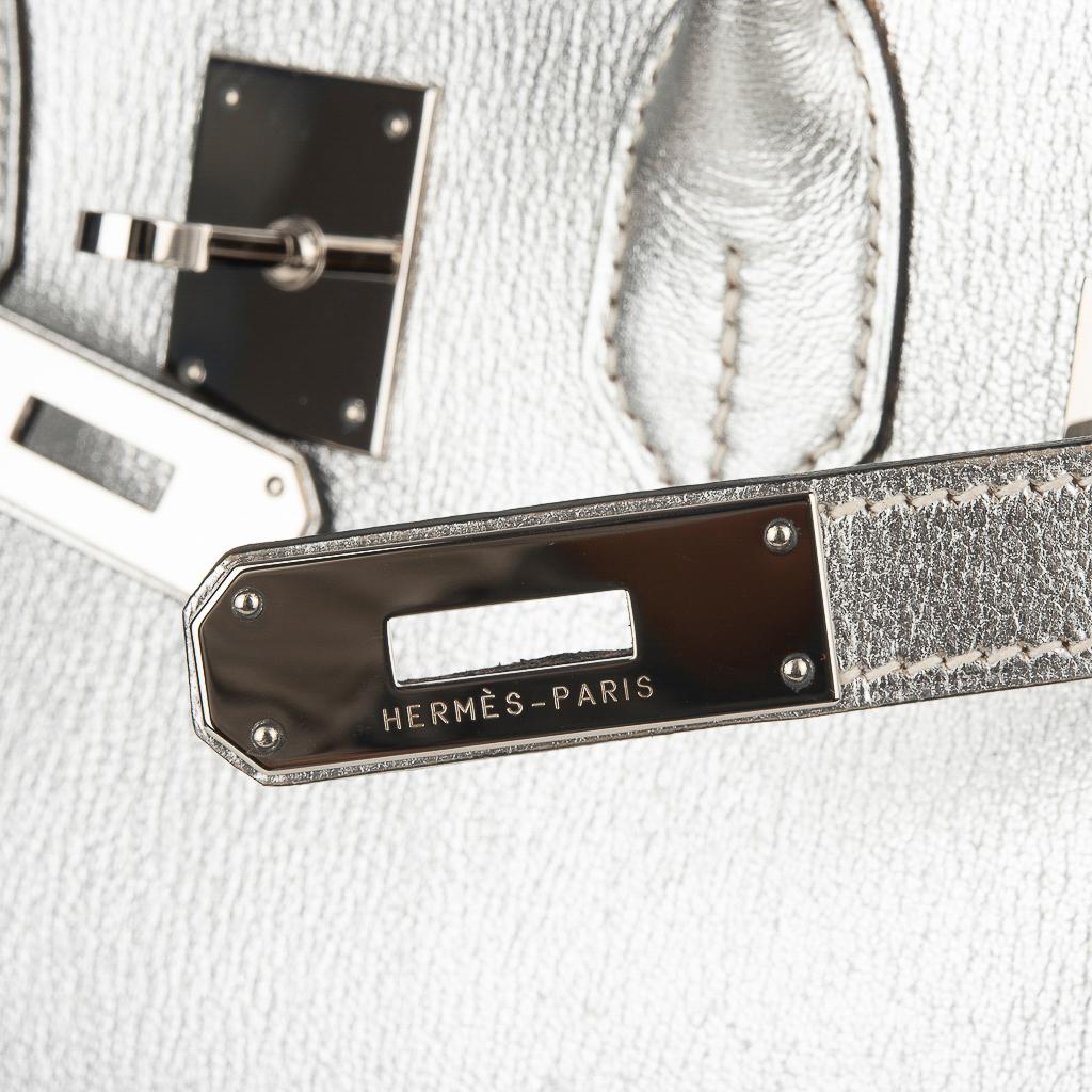 silver metallic chèvre leather hermes birkin bag featuring palladium hardware