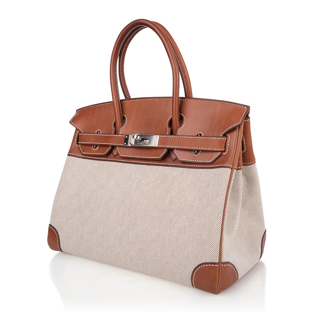 Women's Hermes Birkin 30 Bag Toile / Barenia Leather Palladium w/ Crinoline Bag Charm