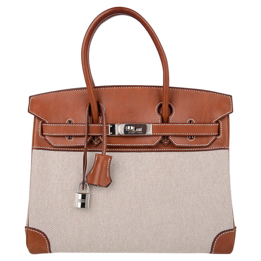 Hermes Birkin 30 Bag Toile / Barenia Leather Palladium w/ Crinoline Bag Charm