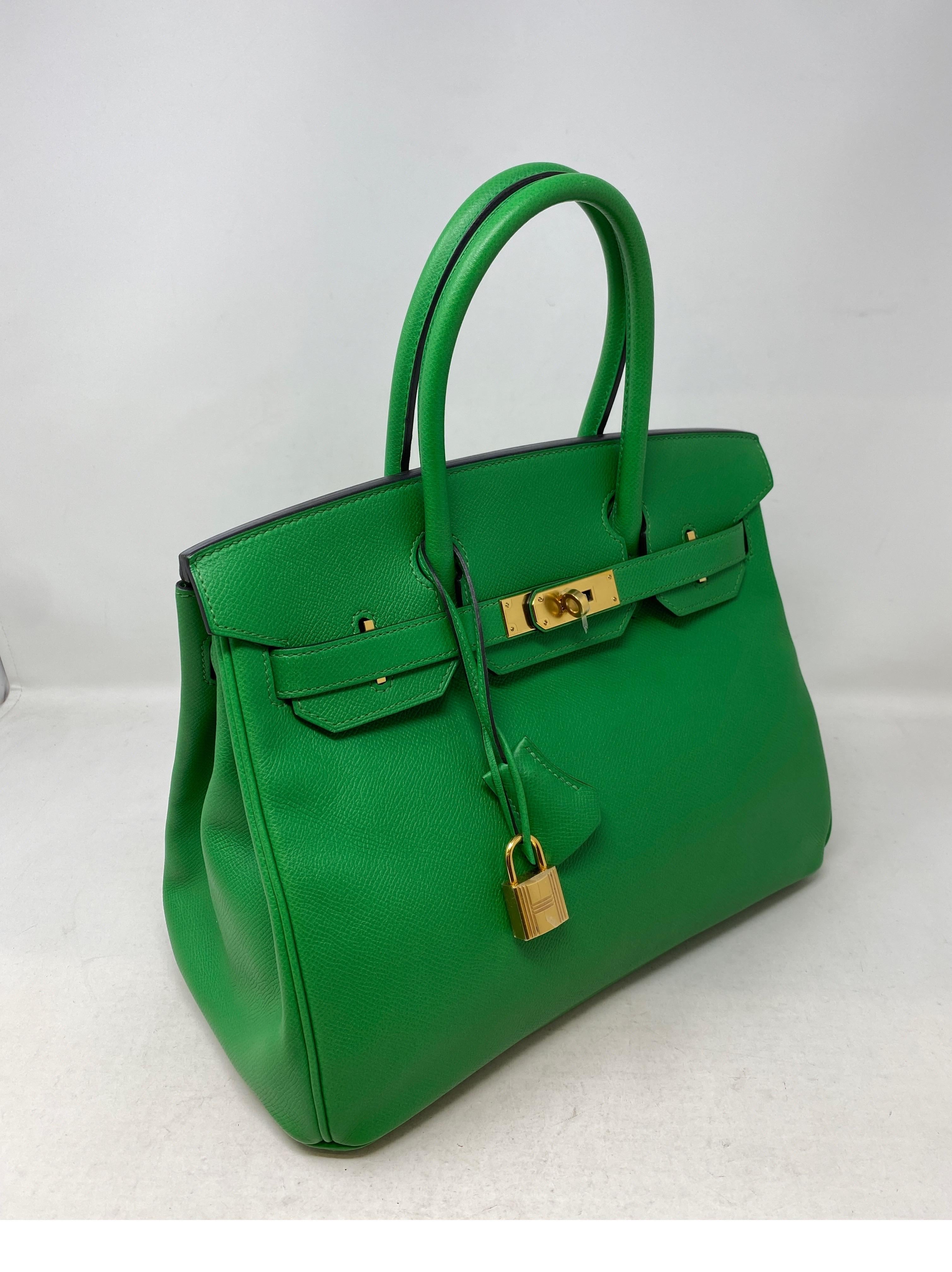 Hermes Bamboo Birkin 30 Bag. Rare green color with gold hardware. Sought after size 30. Looks brand new. Excellent condition. Don't miss out on this one. Includes clochette, lock, keys, and dust cover. Guaranteed authentic. 