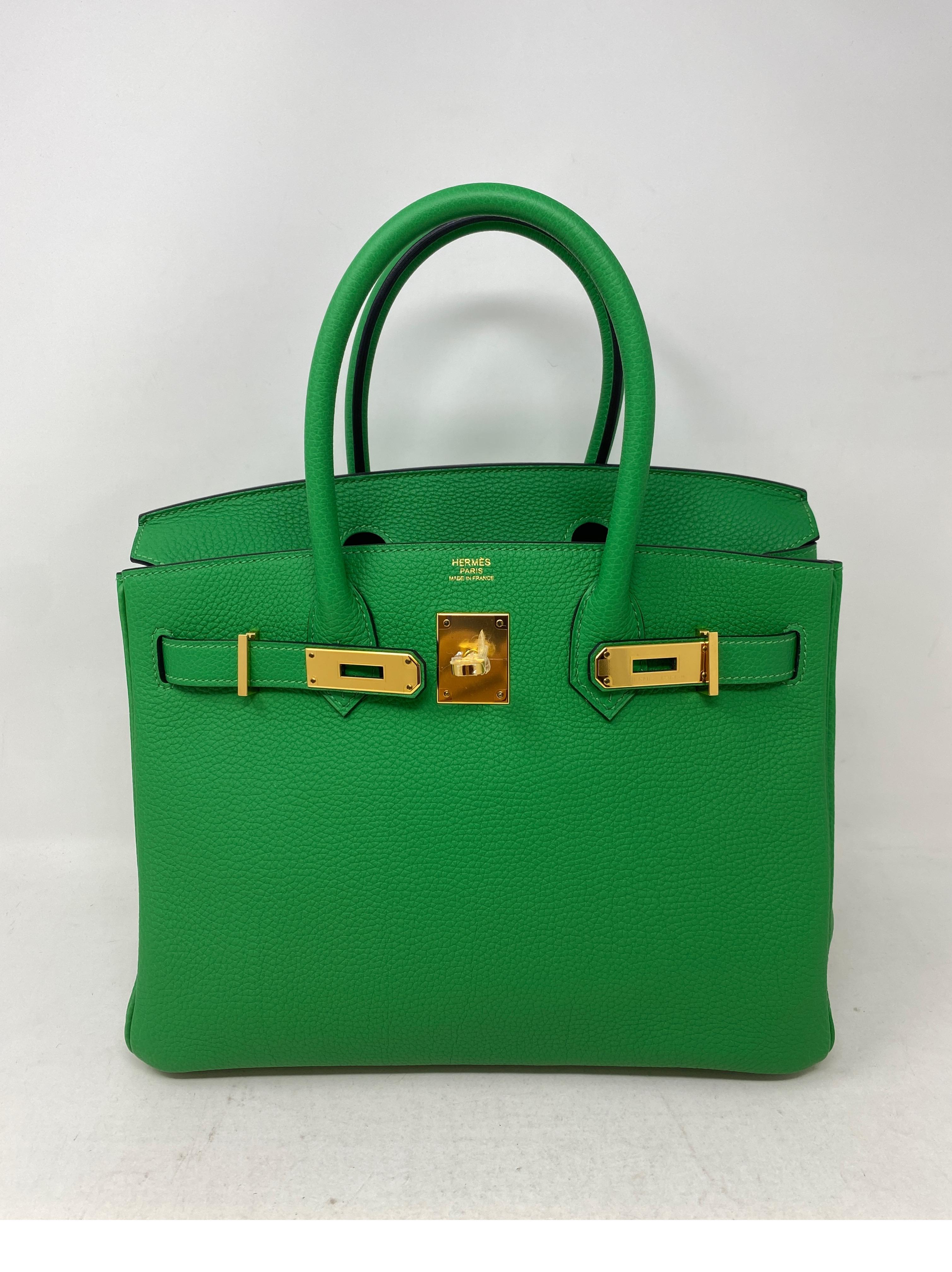 Hermes Bamboo Birkin 30 Bag. Mint like new condition. Still has plastic on hardware. Rare bright green color. Togo leather. Highly coveted size and combo. Gold hardware. Full set. Includes clochette, lock, keys, and dust cover. Guaranteed authentic. 