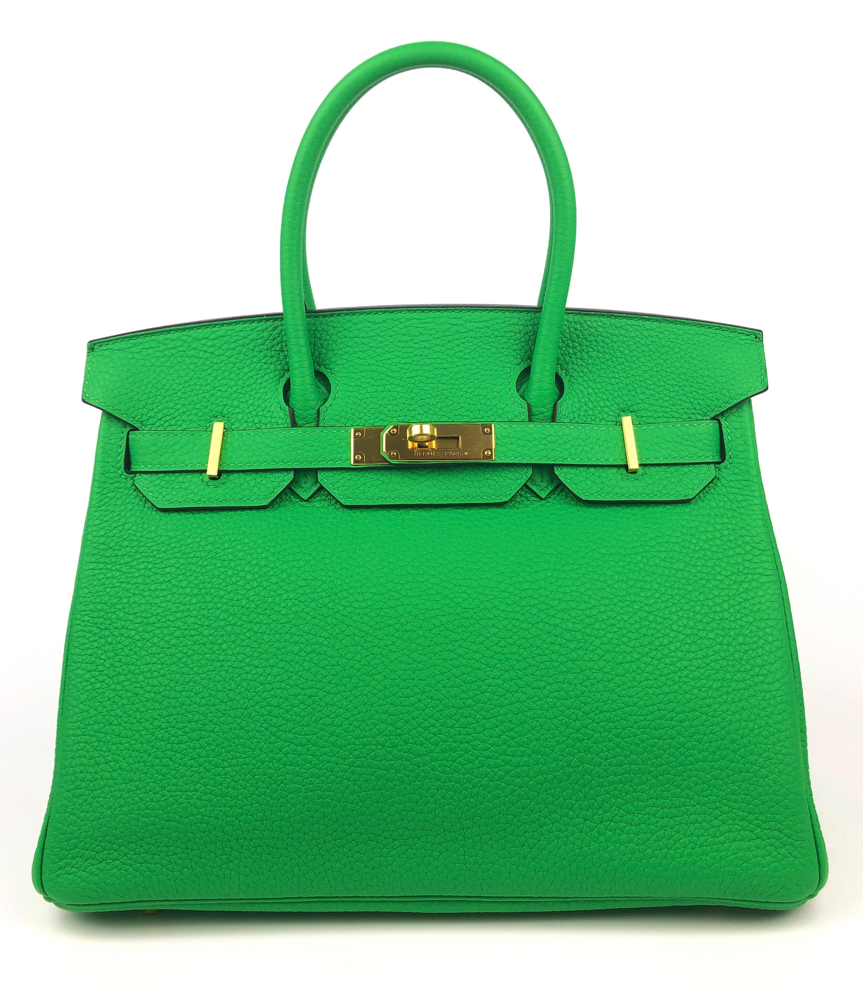 Stunning Almost Like New Hermes Birkin 30 Bamboo Green Gold Hardware. Pristine Almost Like New Condition with Plastic on Hardware, Perfect corners and structure. 

Shop with Confidence from Lux Addicts. Authenticity Guaranteed!