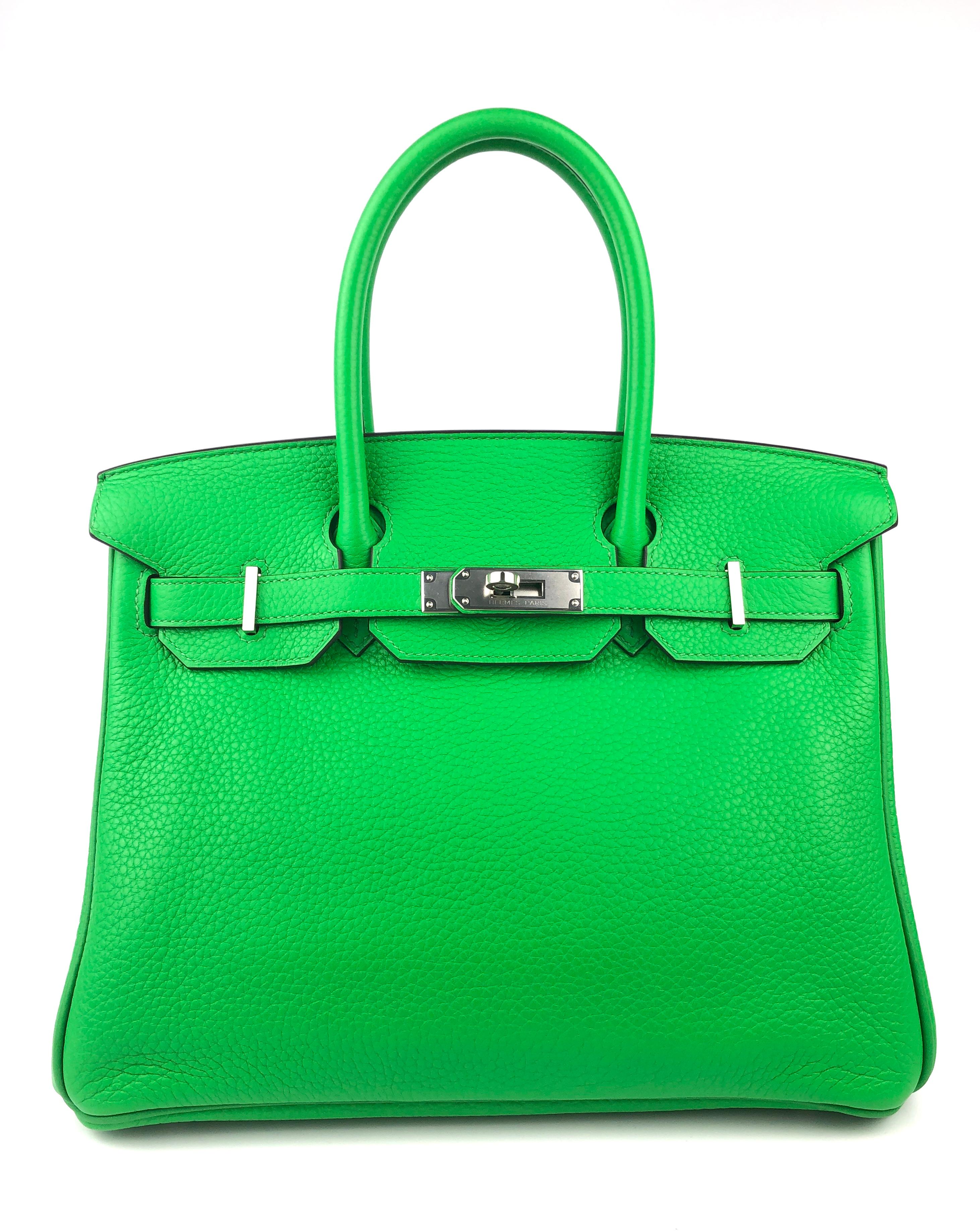 Stunning Hermes Birkin 30 Bamboo Green complimented by Palladium Hardware. Excellent Pristine Condition with Plastic on Hardware. 2014 R Stamp. 

Shop with Confidence from Lux Addicts. Authenticity Guaranteed! 