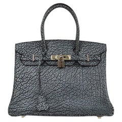 HERMES Birkin 30 Black Dalmatian Leather Print Palladium Tote Top Handle Bag