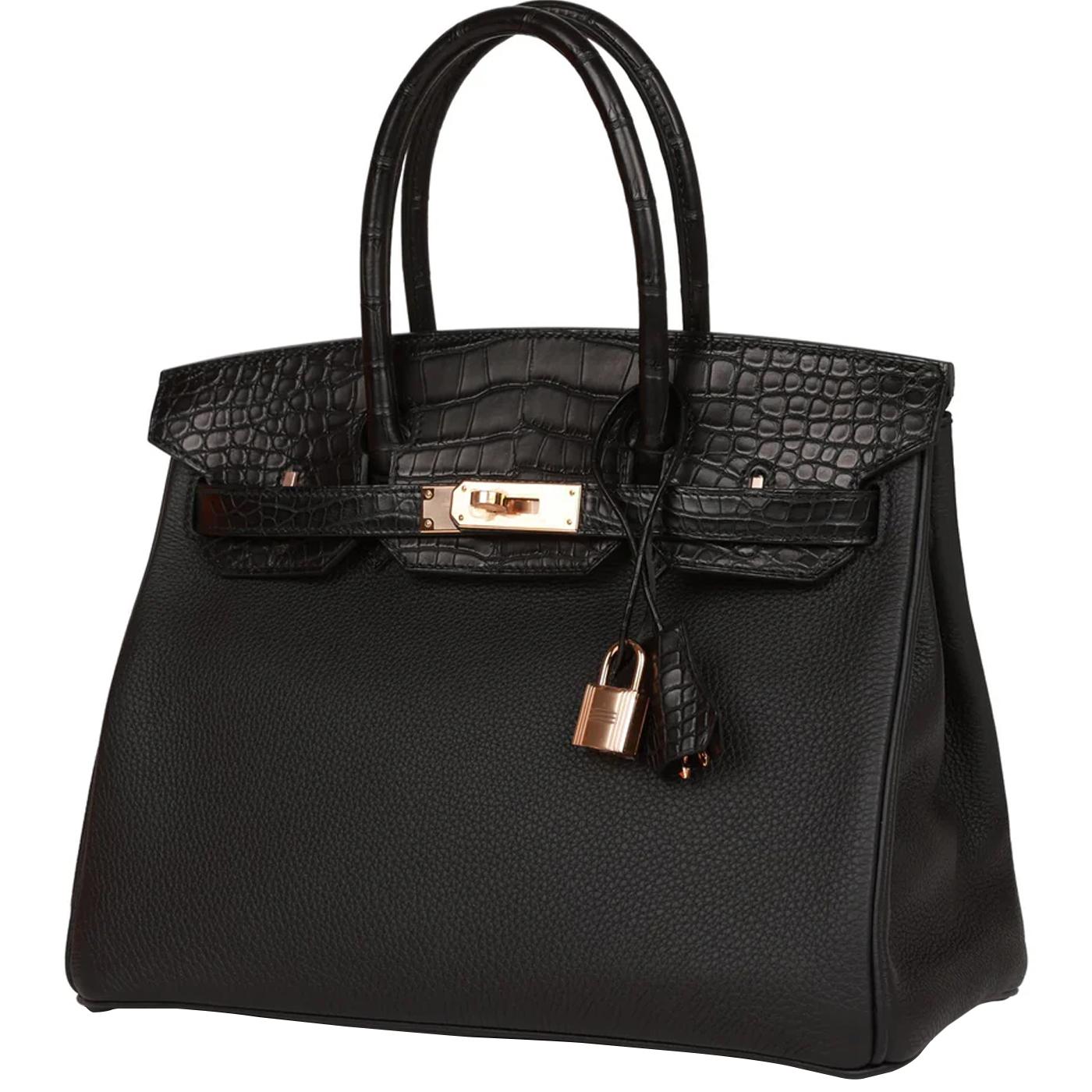 Women's Hermès Birkin 30 Black Matte Alligator and Togo Touch Rose Gold Hardware For Sale