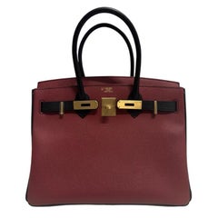 Hermes Birkin 30 Black Rouge H Red Epsom Brushed Gold Hardware Top Handle Bag