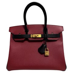Hermes Birkin 30 Black Rouge H Red Epsom Brushed Gold Hardware Top Handle Bag