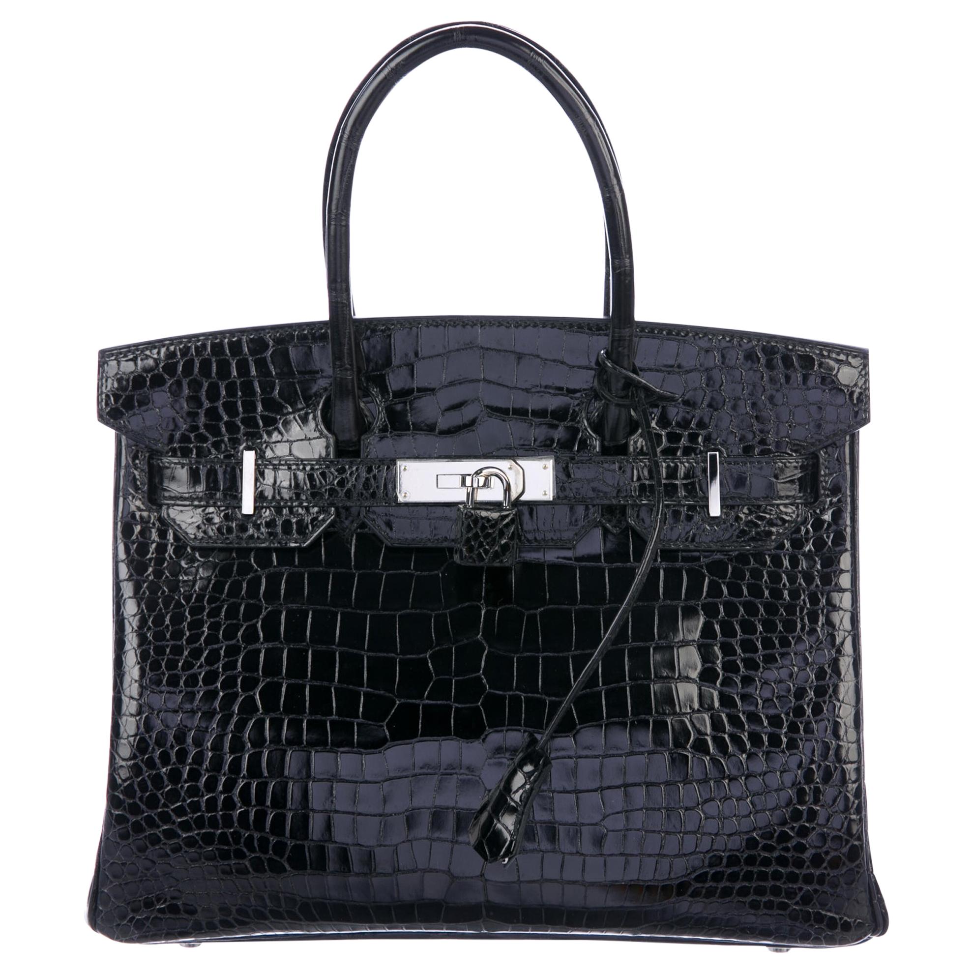 Hermes Birkin 30 Black Shiny Crocodile Top Handle Satchel Tote Bag in Box