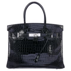 Hermes Birkin 30 Black Shiny Crocodile Top Handle Satchel Tote Bag in Box